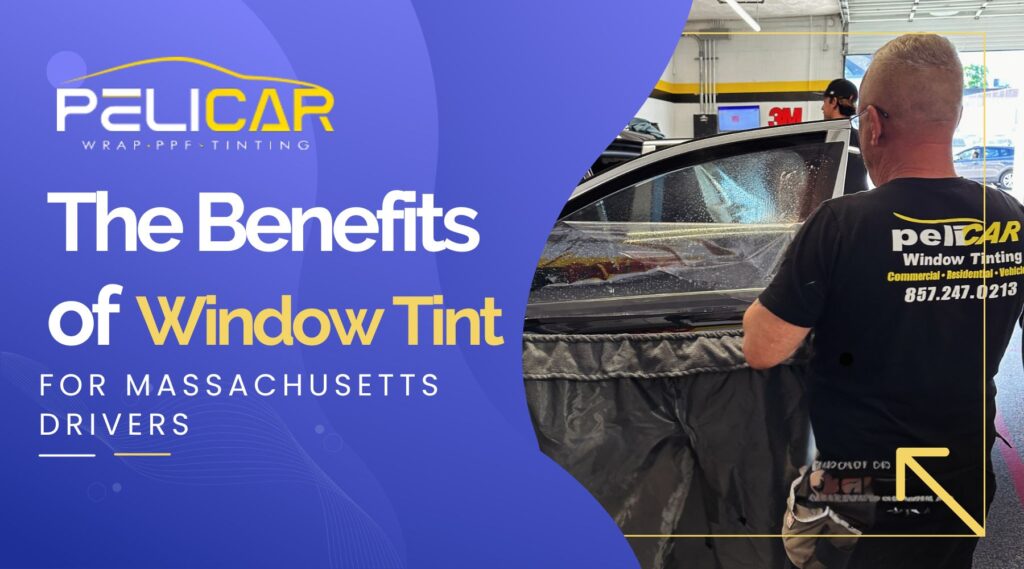 Promotional image for Pelicar Window Tinting featuring a worker applying tint film to a car window inside a garage. The left side of the graphic includes bold text reading “The Benefits of Window Tint for Massachusetts Drivers,” while the worker’s shirt displays the company’s contact info and services: “Pelicar Window Tinting – Commercial, Residential, Vehicle – 857.247.0213.