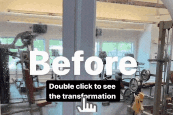 Animated GIF showing a "before and after" view of a gym's glass windows; initially, the untinted glass reveals the interior workout area, then transitions to a darker, tinted version that enhances privacy. Text reads "Before" and "Double click to see the transformation" with a cursor icon.
