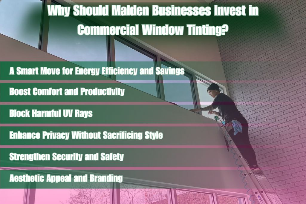 A worker on a ladder applies window tint to large office windows while bold text overlays the image listing benefits of commercial window tinting: energy efficiency, comfort, UV protection, privacy, security, and branding. The scene emphasizes professional installation in a corporate space.