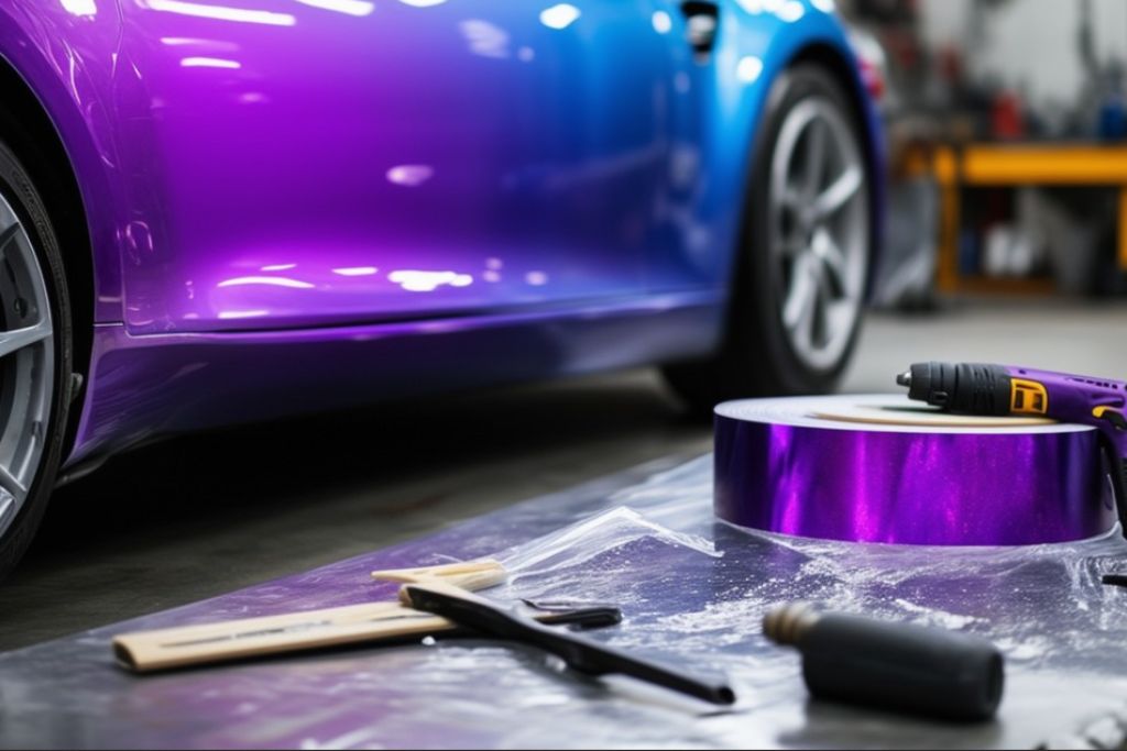 Close-up of a car with a vibrant color-shifting vinyl wrap transitioning from purple to blue. In the foreground, tools and a roll of purple wrap film lie on the floor, suggesting a professional installation in progress.