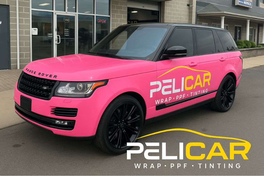 A Range Rover wrapped in bold pink vinyl with black accents is parked outside the Pelicar storefront. The vivid color and sleek finish demonstrate how wraps can command attention on the road.