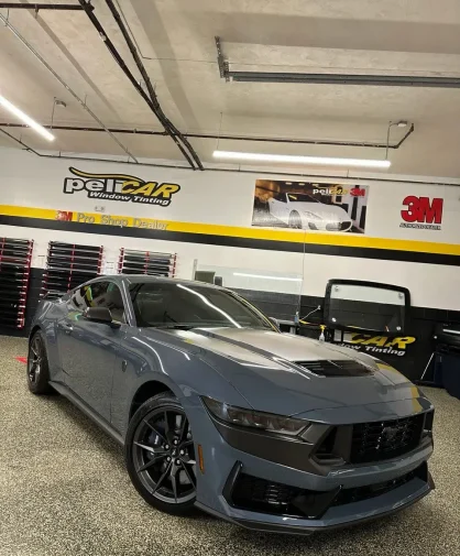 A gray Ford Mustang with tinted windows parked inside a professional window tinting shop. The vehicle features an aggressive front grille, black wheels, and a hood vent. The shop's branding, "peliCAR Window Tinting," is visible on the wall in the background.